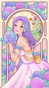女神节妇女节少女绣球花卉卡牌海报竖版插画图片