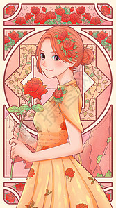 温柔风母亲节海报女神节妇女节少女玫瑰花卉竖版插画插画