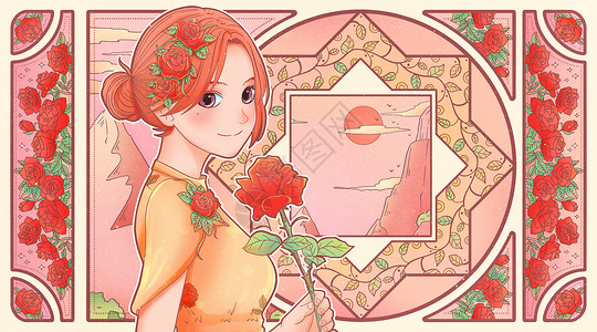 女神节妇女节少女玫瑰花卉卡牌横版插画背景图片