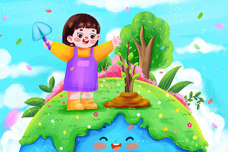 种树的女孩插画背景图片