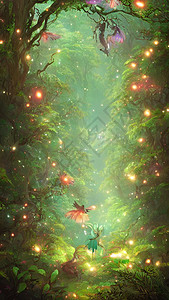 绿色闪耀光效奇幻的森林仙境插画
