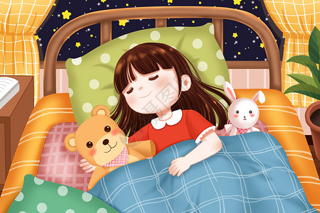 晚安读物夜晚熟睡的女孩插画