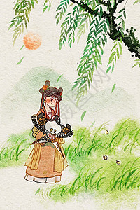 春汉服女孩在柳树下拿着风筝看蝴蝶图片