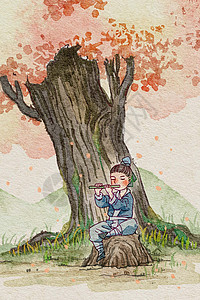 男孩在吹笛子春天男孩在樱花树下吹笛子插画