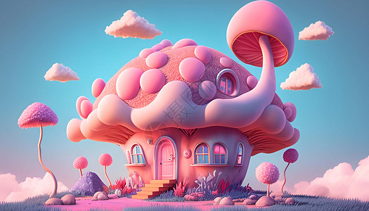 可通卡通蘑菇小屋背景图片