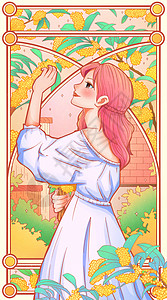 女神节少女桂花卡牌海报竖版插画背景图片