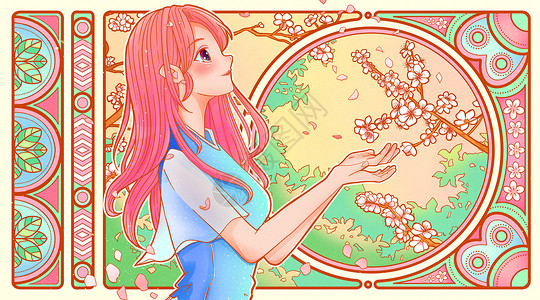 的圣卡夏诺女神节少女杏花卡牌海报横版插画插画
