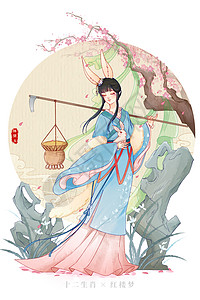 中国名著十二生肖红楼梦之兔子林黛玉插画