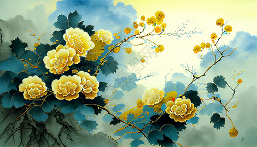 黄色的国画牡丹数码艺术背景图片