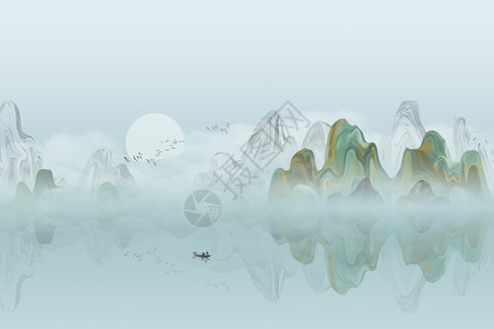 水墨湖新中式背景设计图片
