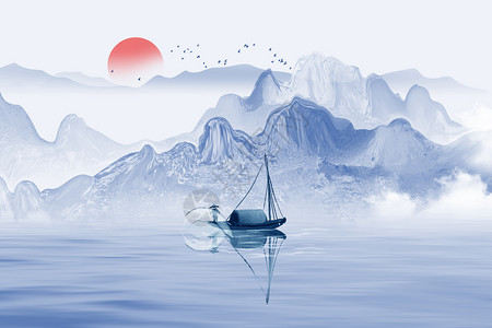 帆船水墨简约新中式背景设计图片