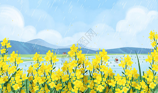 暖春海报春天清明节油菜花盛开的春天风景插画