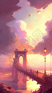 云中桥插画绘画桥油画高清图片