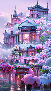 富丽堂皇樱花包围的宫殿插画