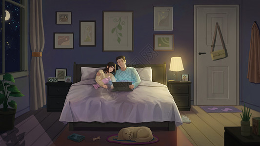床上追剧女孩情侣日常生活的小幸福插画