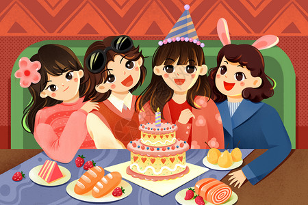 妇女节蛋糕姐妹的生日派对插画
