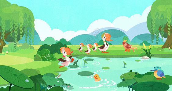 童话故事里水边玩耍的小动物们插画