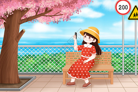 小女孩看手机春天桃花树下拍照的小女孩插画