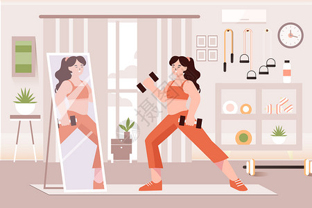 女孩锻炼哑铃女孩在房间居家健身插画