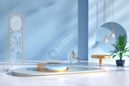 蓝色扬声器立体电商展示台设计图片