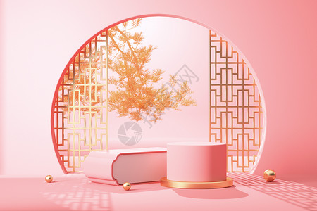 粉色马赛克底纹粉色国风展台设计图片
