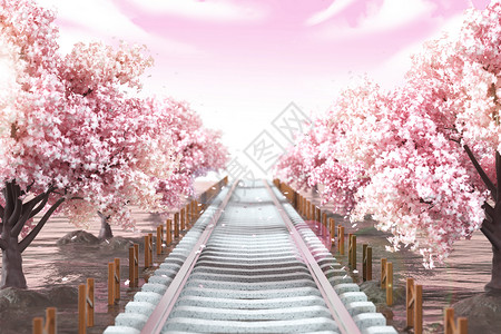 樱花和火车樱花季火车道场景设计图片