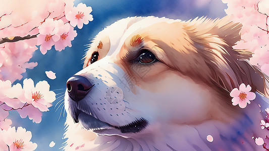 樱花树与萌宠小狗背景图片