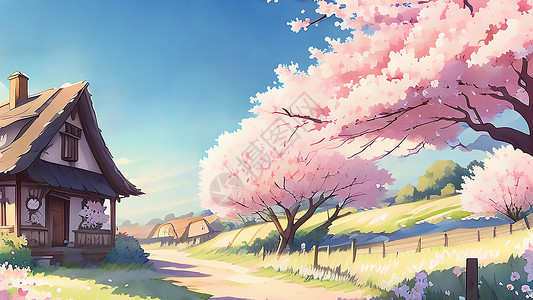 樱花树旁的小木屋背景图片