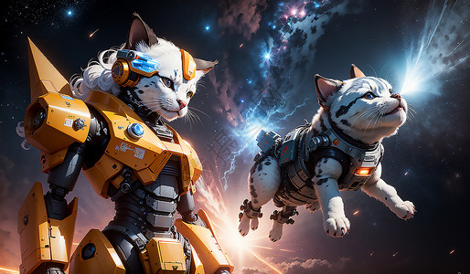 机器人大战机械猫与机械狗的太空大战插画