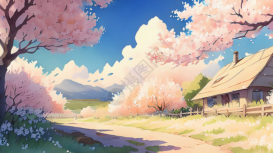 樱花树旁的木屋图片