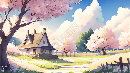 樱花树旁的木屋背景图片