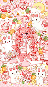 粉色糖果海报背景十二生肖卯兔二次元宽屏插画插画
