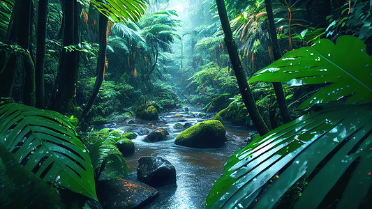 蕨类植物背景热带雨林风景插画