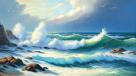 手绘海浪油画图片