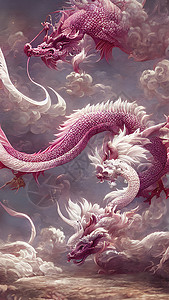 马克龙色系中国神话山海经粉白色系龙插画