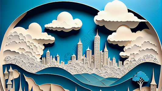 3D浮雕云端城市插画
