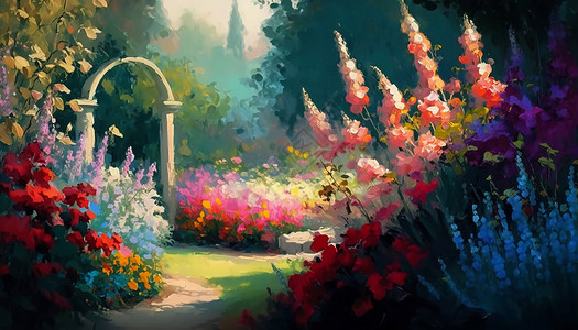 印象派油画阳光下的花园鲜花创意插画插画