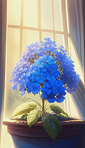 蓝色花卉盆栽窗台上的蓝色绣球插画