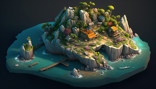 海边别墅25D模型户外岛屿等距风格背景图片