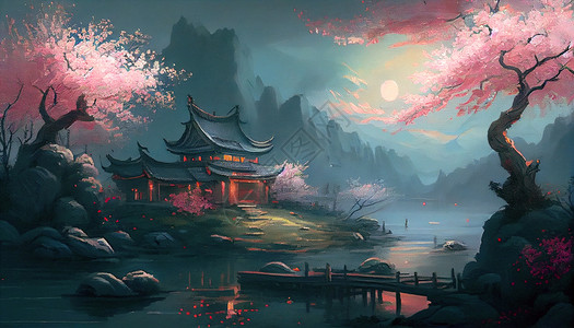 桃花源风景中式桃花源夜色风景插画