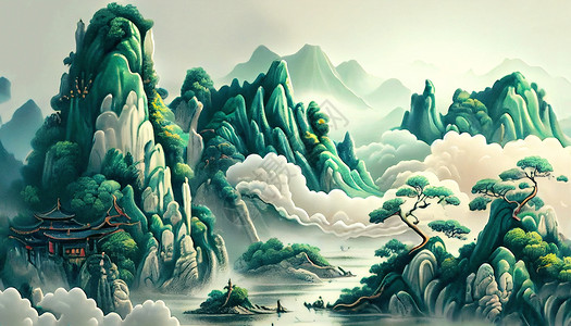 中式山水插画图片