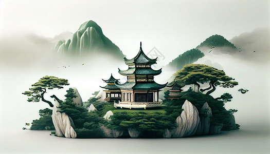 中式山水插画图片
