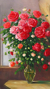 盛开的玫瑰花插在玻璃瓶中高清图片