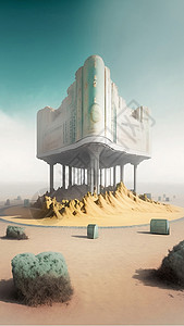 科技文明荒漠建筑里程碑纪念碑插画