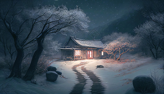 玻璃雪花雪后山间小屋夜景插画