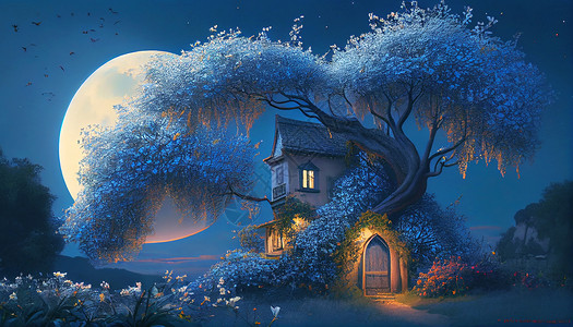 花树房屋夜景图片