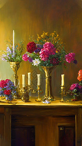 近景桌子温馨的花朵与烛台插画