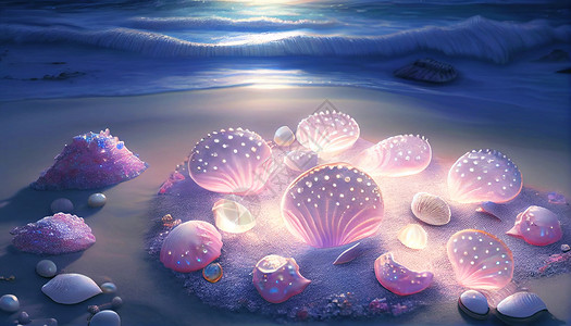 海水珍珠发光沙滩贝壳夜景插画