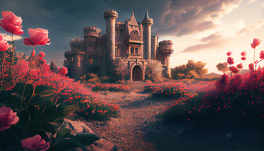 玫瑰花园城堡背景图片