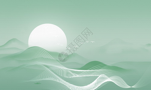 山水画太阳中国风山水背景设计图片